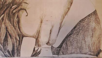 Lyijykynällä piirretty hahmo on kumartunut eteenpäin kontilleen.