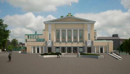 Havainnekuva Tampereen teatterista, laajennusosa kuvassa vasemmalla.