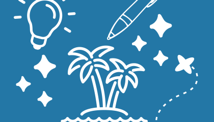 Kuvituskuva. Graafisia elementtejä palmuista, tähdistä, kynästä, lampusta ja kartasta.