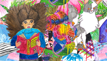 Kollaasityö, jossa henkilö pitelee kirjaa kädessään. Taustalla on muotoja ja eläinhahmoja.