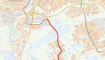 Karttakuva Vuoreksen puistokadun  raitiotien linjauksesta.