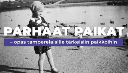 Tyttö mekossa ja baskeri päässä sorsien edessä Sorsalammen rannalla. 