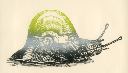 Piiroskuvassa etana, jolla on vihreä kotilo.