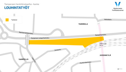 Kuvassa keltaisella louhintaa koskettava työalue Erkkilän sillan ja Naistenlahden välissä.