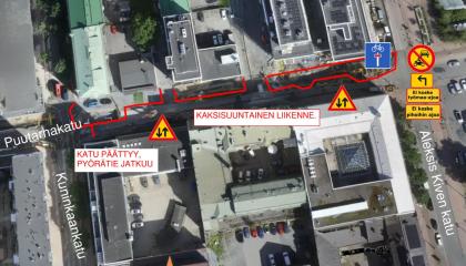 Puutarhakadun liikennejärjestelyt kartalla elokuussa 2025.