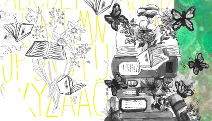 Kuvakollaasi, jossa on kirjoja, kukkia ja perhosia. Kuvataidetyö.