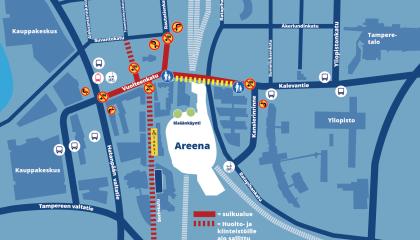 Karttakuva muuttuneista liikennejärjestelyistä Nokia Arenan lähistöllä.