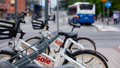 Two city bikes at the city bike station in Hervanta.