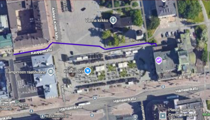 Karttakuva Kauppakadun ja Keskustorin kaukojäähdytysputken linjauksesta.