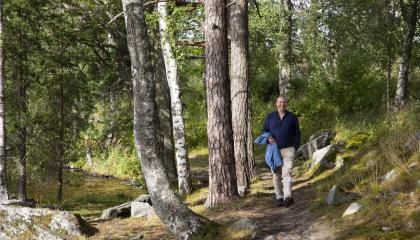 Henkilö kävelee puiden reunustamaa metsäpolkua pitkin.