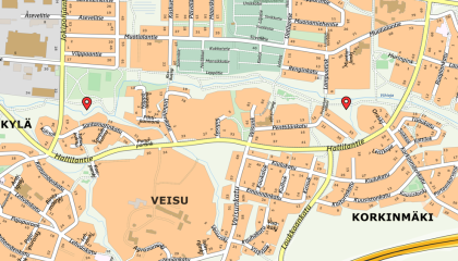 Karttakuvassa pallot muutospaikkojen sijanteja osoittamassa.