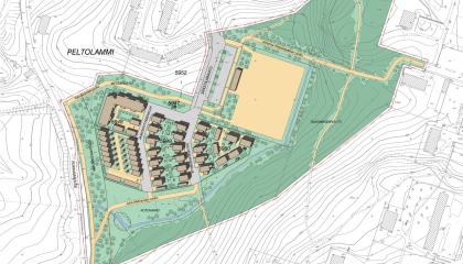 Kuvassa vihreällä alueella ruskealla asuintalojen hahmoja ja kenttä keltaisella.