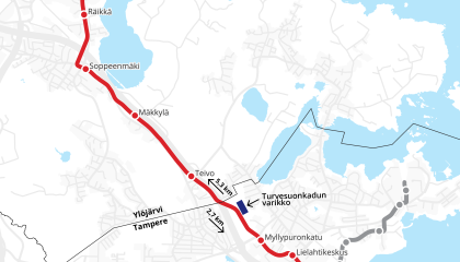 Kartta, jossa Ylöjärven suuntaan suunniteltu raitiotie