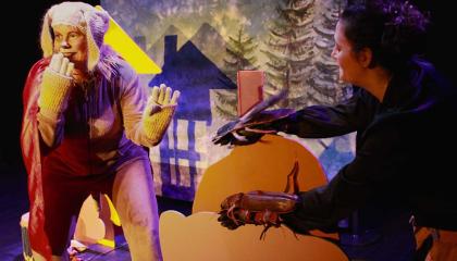 Koiran roolipuvussa oleva ihminen pitää toista "tassua" suun edessä ja hymyilee. Taustalla kuusia sekä varjokuva talosta.