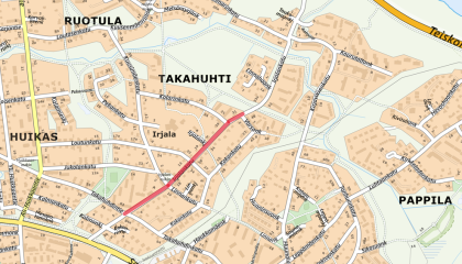 Irjalankadun katutyöosuus välillä Takahuhdintie-Varsankatu kartalla