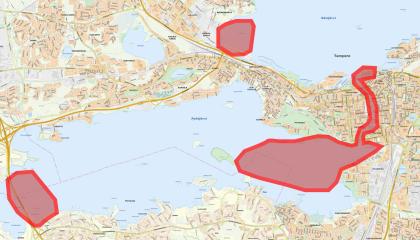 Karttagrafiikkakuva heikoista jääalueista Tampereella.