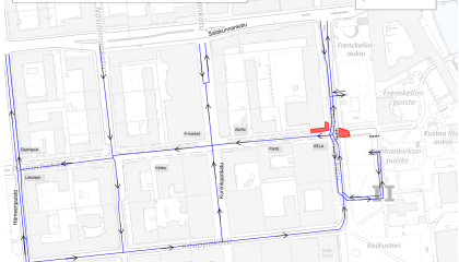 Puutarhakadun ja Aleksis Kiven kadun liikennejärjestelyt maaliskuussa 2026 kartalla