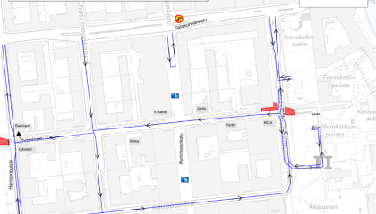 Puutarhakadun liikennejärjestelyt 16.3.2025 alkaen kartalla.