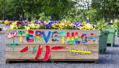 Viljelylaatikko, jonka laidassa on värikäs tervetulotoivotus.