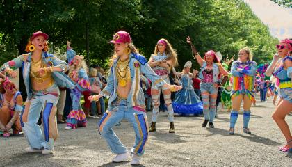 Katutanssijoita näyttävissä asuissa Hämeenpuistossa.