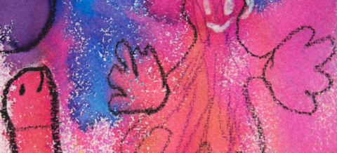 Värikäs lapsen tekemä taideteos, jossa kummitus- ja kastematohahmot.