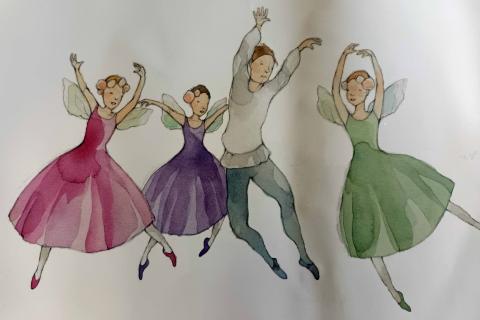 Piirretyt tanssijat ja tanssijattaret.