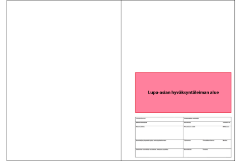 Nimiön ja hyväksyntäleiman sijaintiesimerkki A3-kokoisella paperilla.