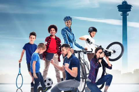 Young people and adults with different sports equipment.