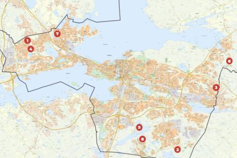 Karttakuvaan on merkitty alueet, joista on mukana tontteja syksyn 2025 omakotitonttihaussa.