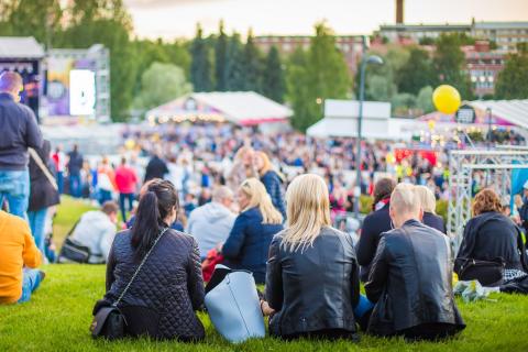 Yleisöä istuu nurmikolla Tammerfestissä.