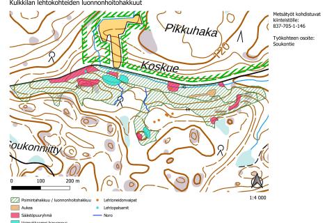 Kulkkilan lentokohteiden työmaakarttaan on merkittu luonnonhoitohakkuut, harvennushakkuut, säästöpuuryhmät, lehtoneidonvaippa- sekä lehtopalsamiesiintymät.