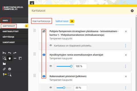 Oskari-karttapalvelun haku- ja karttatasonäkymä
