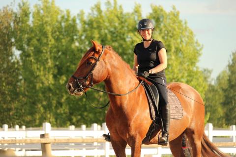 Maria Nikkilä katsoo kameraan ruskean suomenhevosen selässä kesäisenä päivänä.