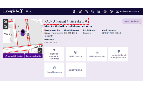 Esimerkki Lupapisteen käyttöliittymästä, miten hankkeen osoitekenttään tehdään tarvittavat lisämerkinnät.