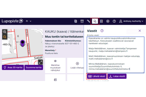 Esimerkki Lupapisteen käyttöliittymästä, miten esittelijätiedot lähetetään keskustelukentän kautta.