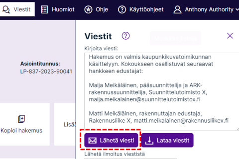 Esimerkki siitä, miten esittelijätiedot lähetetään keskustelukentän kautta Lupapisteen käyttöliittymässä.