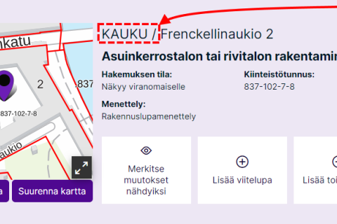 Esimerkki siitä, miten hankkeen osoitekenttään tehdään tarvittavat lisämerkinnät Lupapisteen käyttöliittymässä.