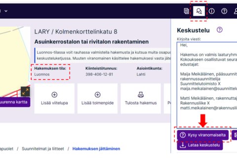 Esimerkki Lupapisteen käyttöliittymästä, jossa esitetään hankkeen keskustelu ja "kysy viranomaiselta" -toiminto.