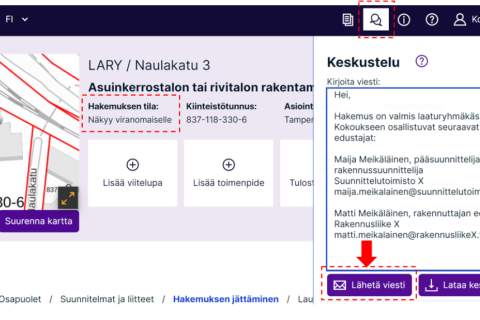 Esimerkki Lupapisteen käyttöliittymästä, jossa esitetään hankkeen keskustelu ja "lähetä viesti" -toiminto.