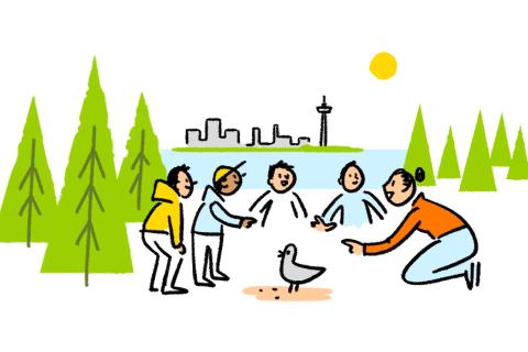 A drawing of people enjoying local nature, with Lake Näsijärvi and the Näsinneula observation tower in the background.