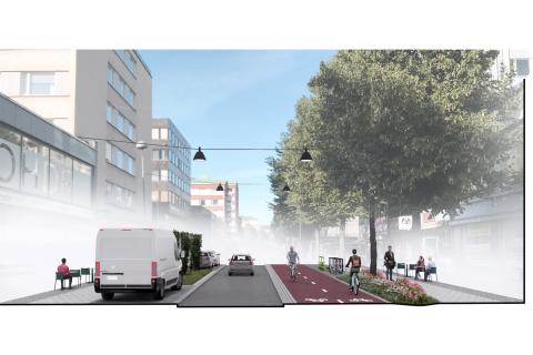 Cyclists and walkers on the left, cars on the right on the street and at a stop.