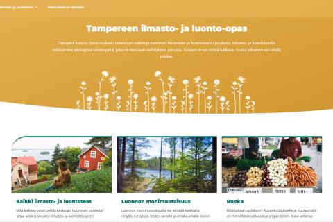 Tampereen ilmasto- ja luonto-oppaan etusivun oranssi-valkoinen näkymä, jossa on muun muassa päivänkakkaroita ja värikkäitä kuvia kuvittamassa eri aihe-alueita.