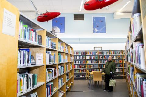 Kirjaston kävijä seisoo kirjahyllyjen keskellä katsomassa kirjaston kattoon ripustettuja lentokoneteoksia. Taustalla kirjahyllyjen päällä on kaksi lentokoneaiheista valokuvateosta.