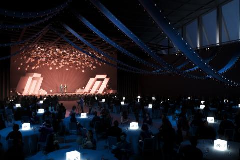 Havainnekuva, jossa Hakametsän hallissa on yritystapahtuma