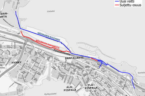 Näsisaaren avattu reitti ja Näsijärven suljettu reittiosuus kartalla.