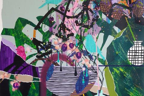 Värikäs kollaasi, jossa on viivoja ja hedelmiä muistuttavia asioita.