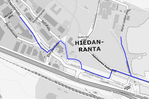 Jalankulun ja pyöräilyn reitit Hiedanrannassa ja Lielahdessa.