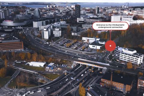 An aearial photo of where Viinikankatu entrance to the underground connection would be located: between the buildings of Atalpa and Saarioinen.