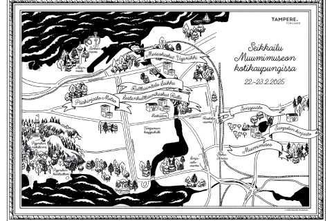 Tyylitelty mustavalkoinen piirroskartta Tampereen keskustasta ja tapahtumapisteistä.