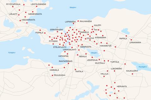 Map of the city bike station network in 2025. In addition to the Tampere city centre, there are city bike stations in Rauhaniemi in the north, Hervanta in the south, Ryydynpohja and Lentävänniemi in the west and Linnainmaa and Kaukajärvi in the east.